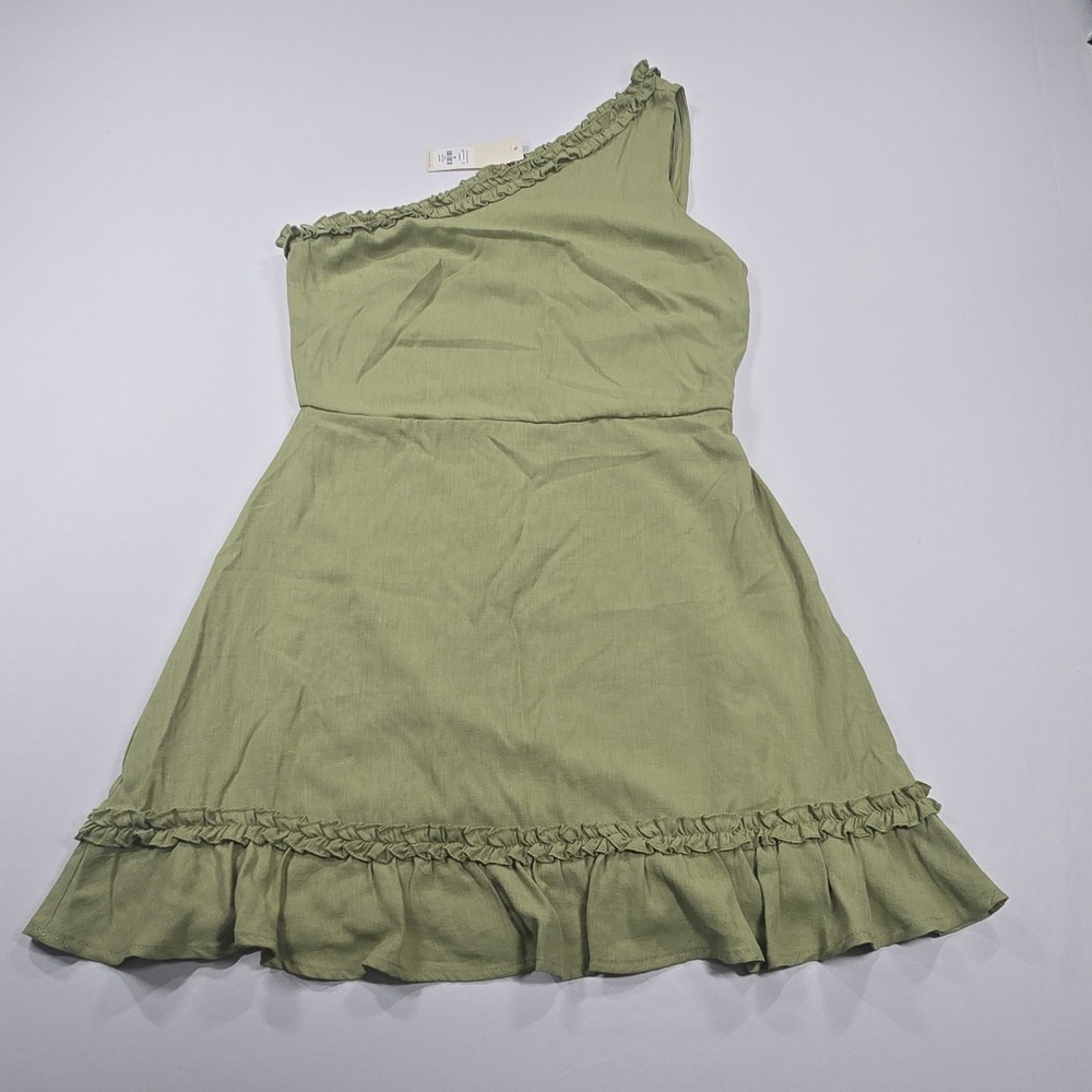 francesca's Green One Shoulder Ruffle Hem Mini Dress Lined Woven Zip M